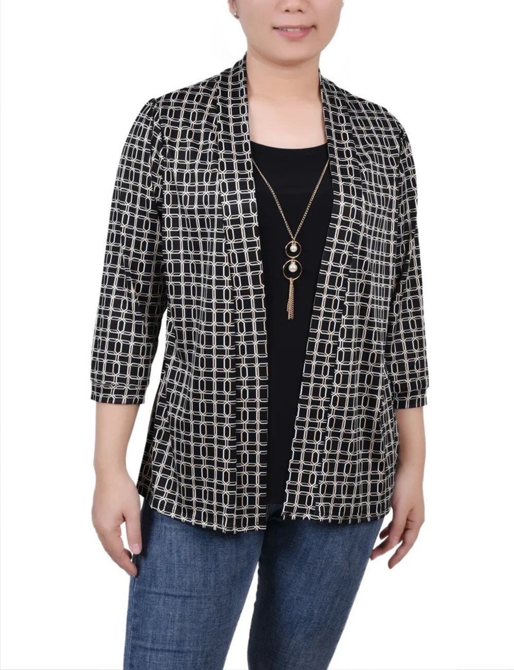 NY Collection Petite Small NWT Black Gold Geometric Jacket Tank Necklace Set PS
